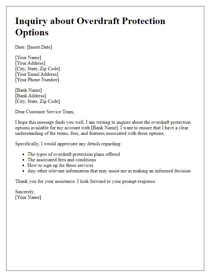 Letter template of inquiry about overdraft protection options