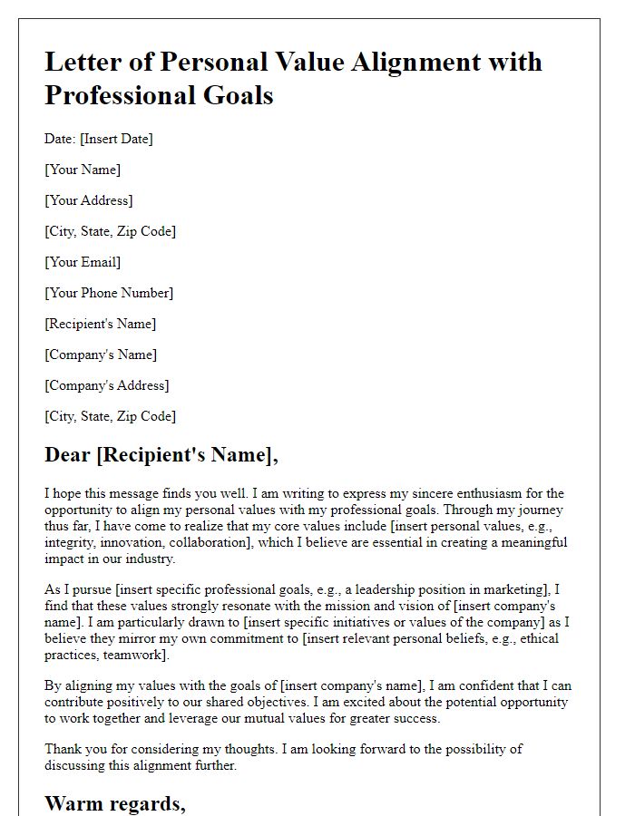 Letter template of personal value alignment with professional goals