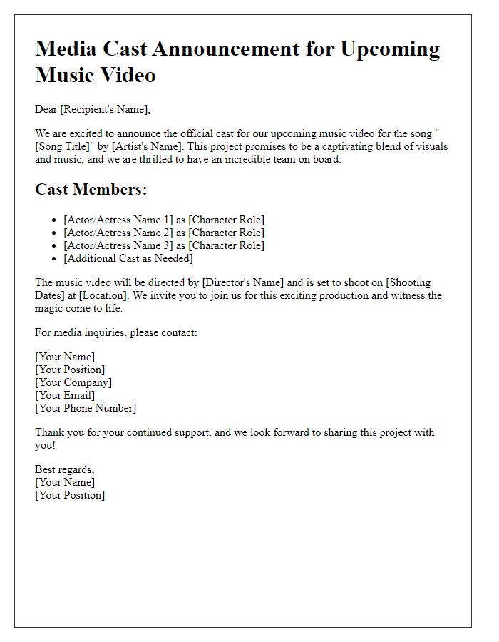 Letter template of media cast announcement for a music video production.