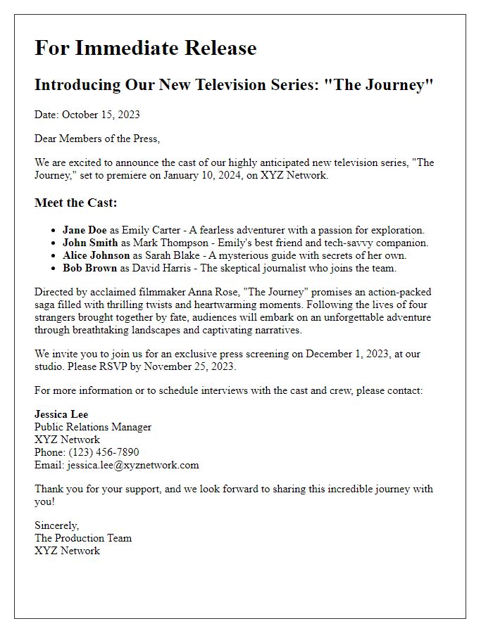 Letter template of media cast announcement for a new television series.