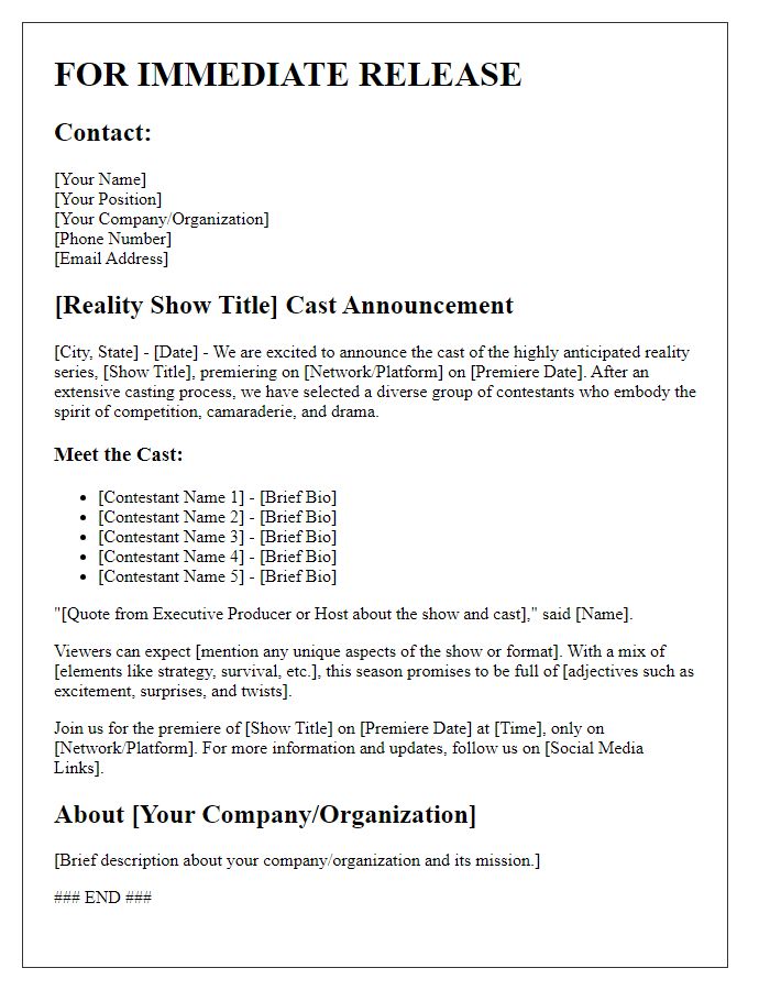 Letter template of media cast announcement for a reality show.