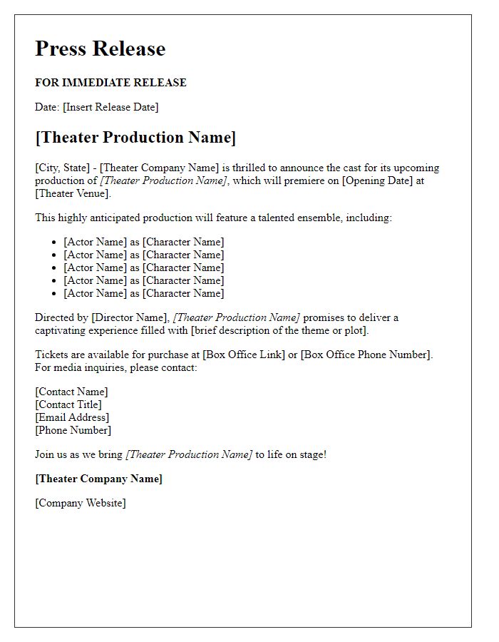 Letter template of media cast announcement for a theater production.