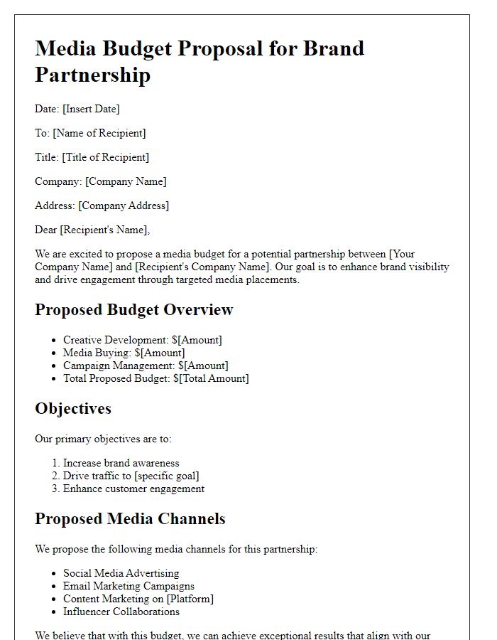 Letter template of media budget proposal for brand partnerships