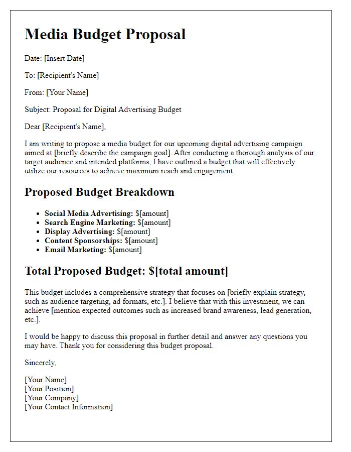 Letter template of media budget proposal for digital advertising