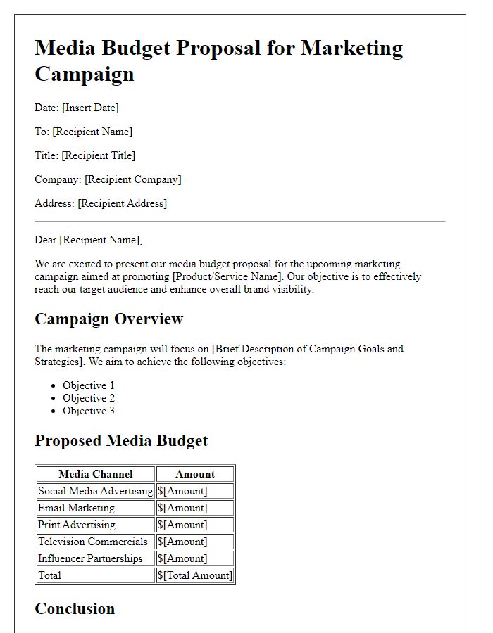 Letter template of media budget proposal for marketing campaign