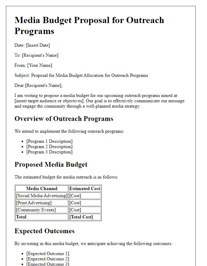 Letter template of media budget proposal for outreach programs