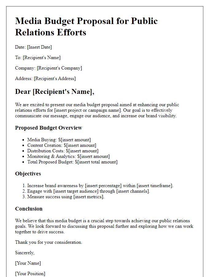 Letter template of media budget proposal for public relations efforts