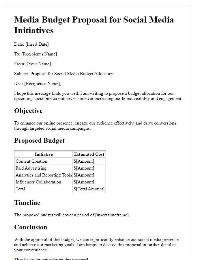 Letter template of media budget proposal for social media initiatives