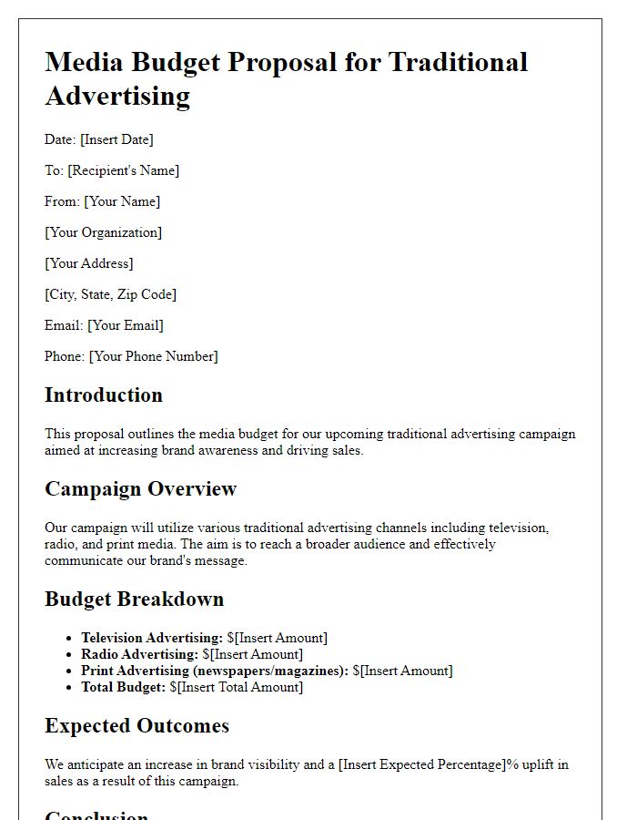 Letter template of media budget proposal for traditional advertising