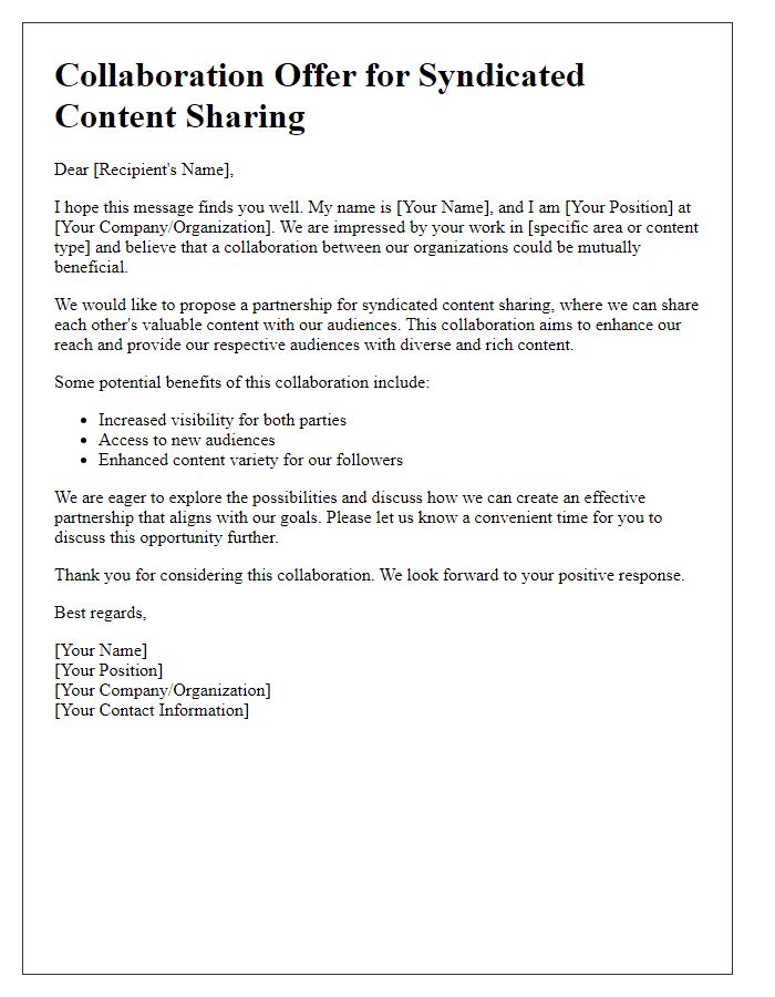 Letter template of collaboration offer for syndicated content sharing