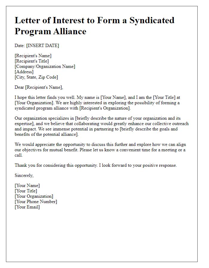 Letter template of interest in forming a syndicated program alliance