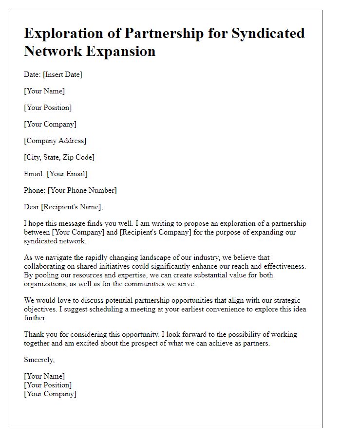 Letter template of partnership exploration for syndicated network expansion