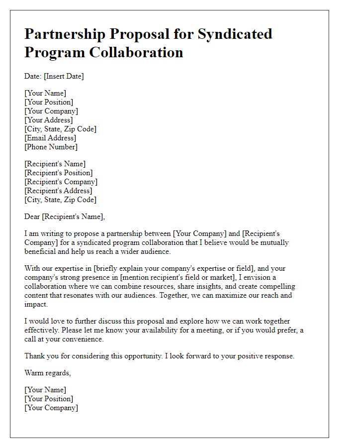 Letter template of partnership proposal for syndicated program collaboration