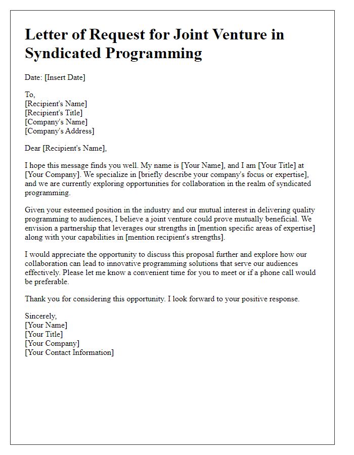 Letter template of request for joint venture in syndicated programming