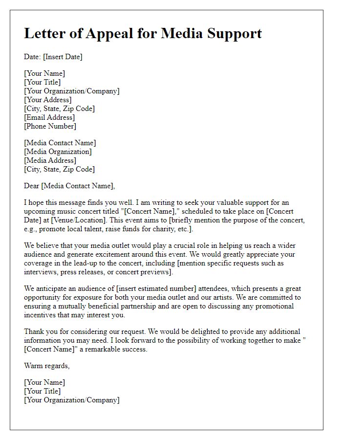 Letter template of appeal for media support for a music concert.