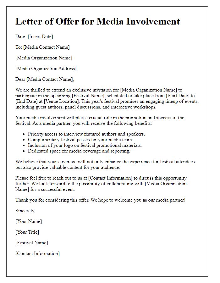 Letter template of offer for media involvement in a literary festival.