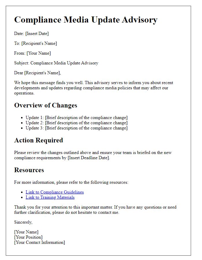 Letter template of compliance media update advisory