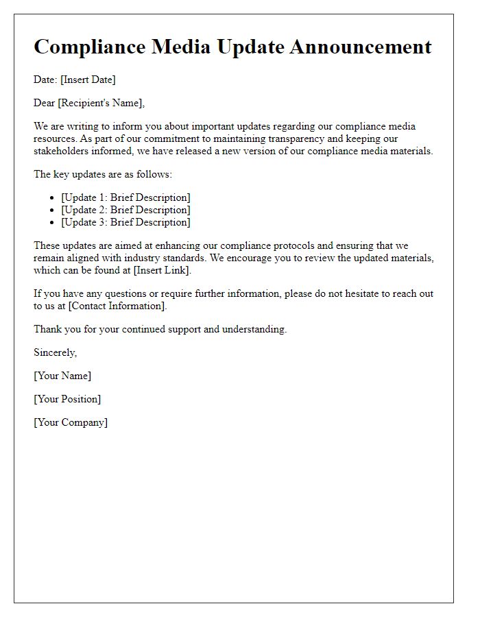 Letter template of compliance media update announcement
