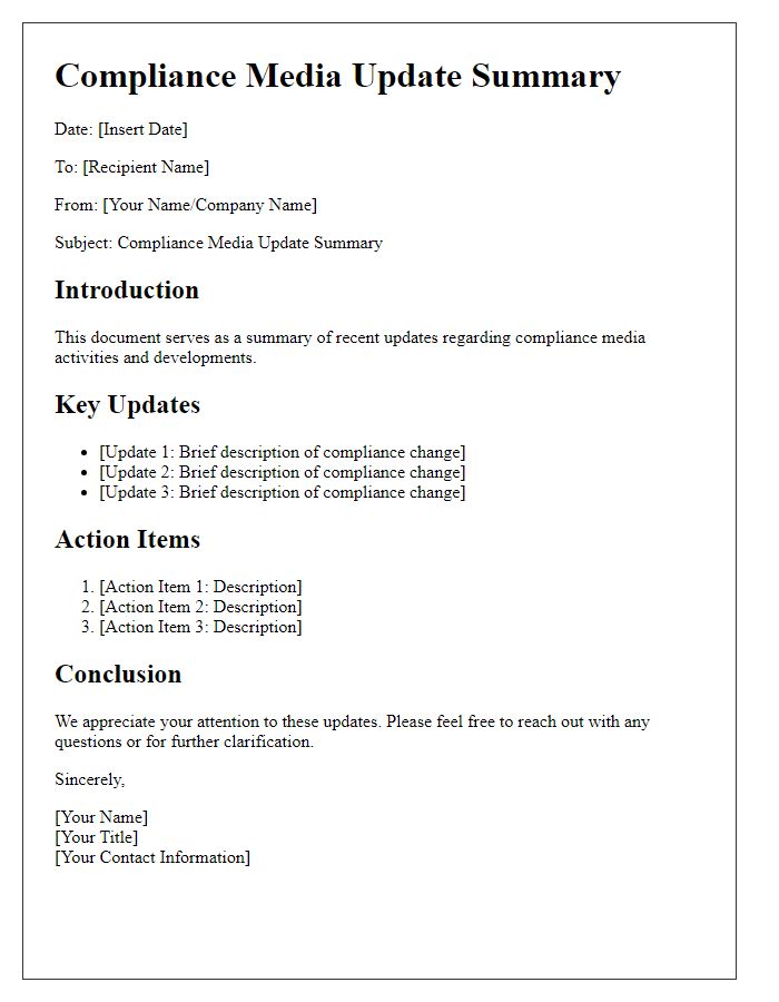 Letter template of compliance media update summary