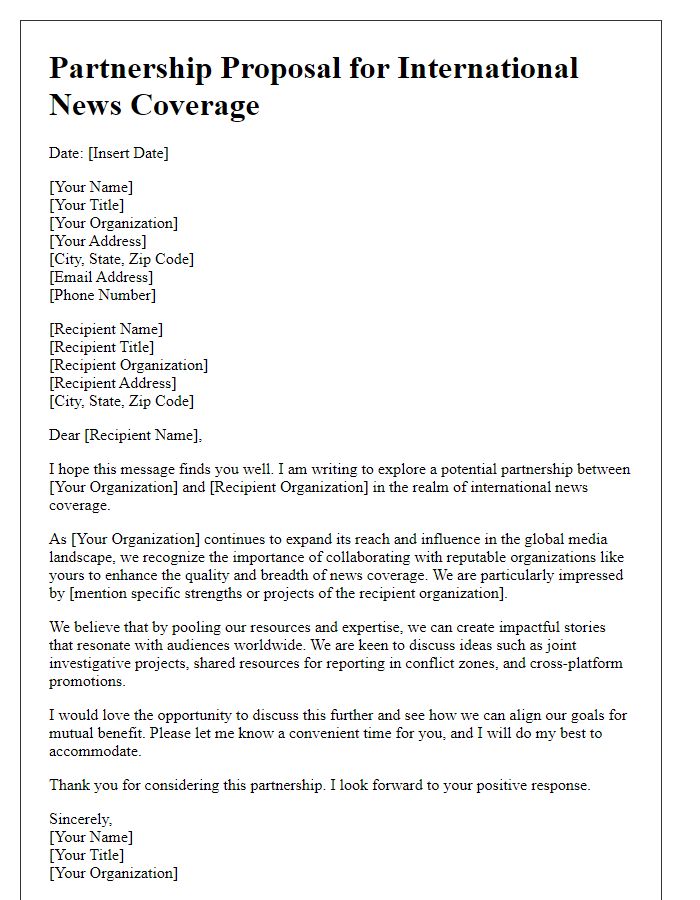 Letter template of appeal for partnerships in international news coverage.