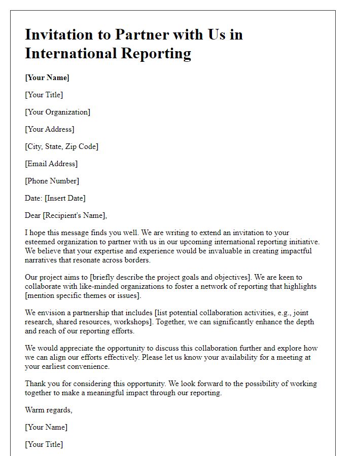 Letter template of invitation for international reporting team partnerships.