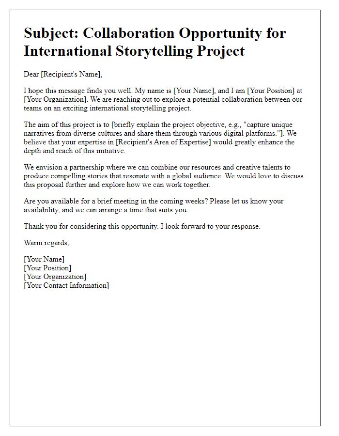 Letter template of outreach for joint international storytelling projects.