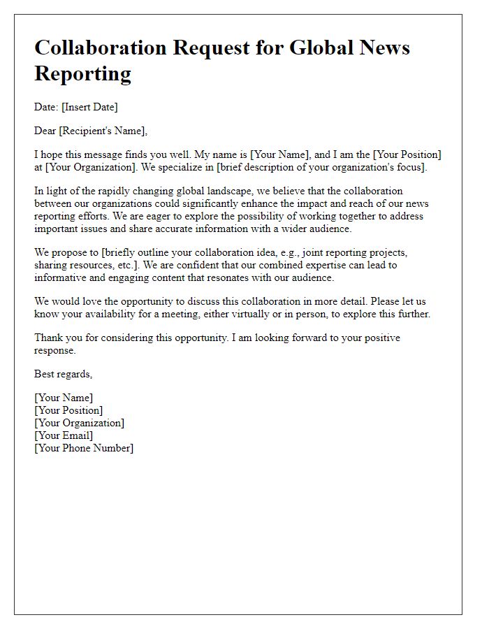 Letter template of request for collaboration in global news reporting.