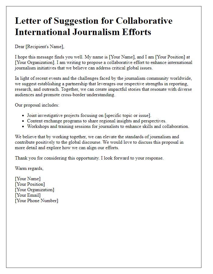 Letter template of suggestion for collaborative international journalism efforts.