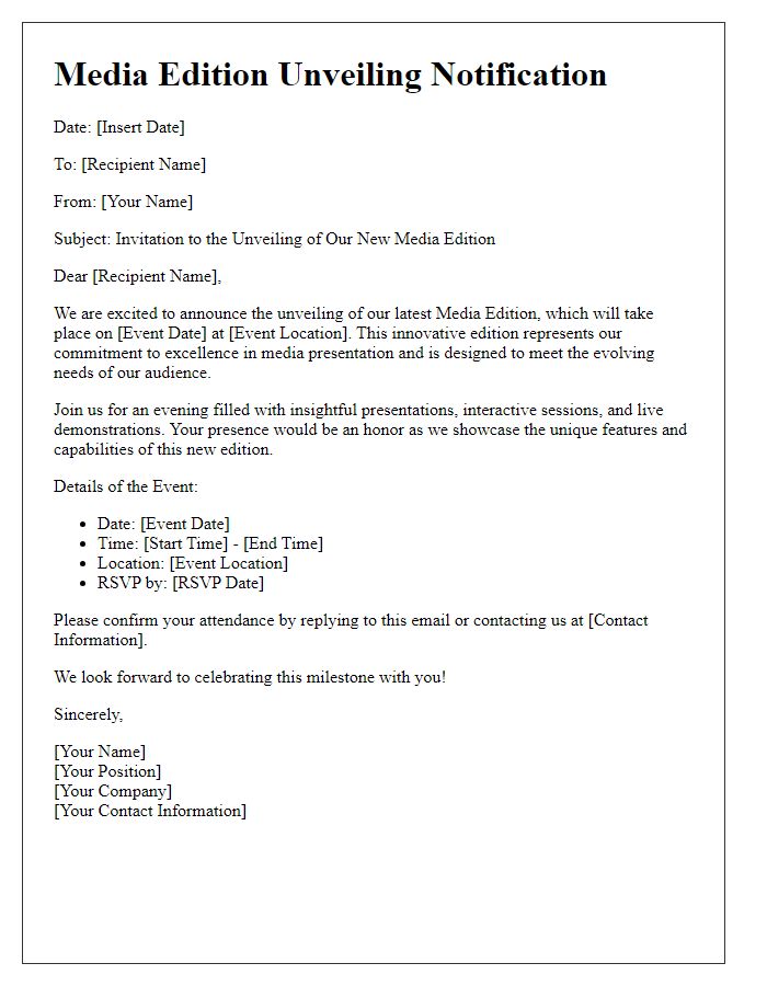 Letter template of media edition unveiling notification