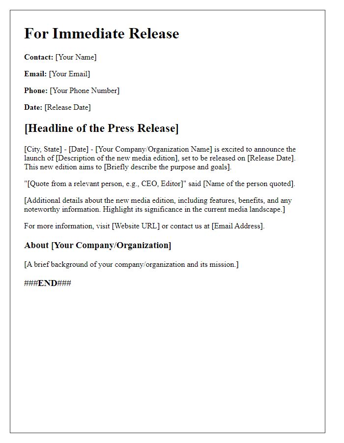 Letter template of press release for new media edition