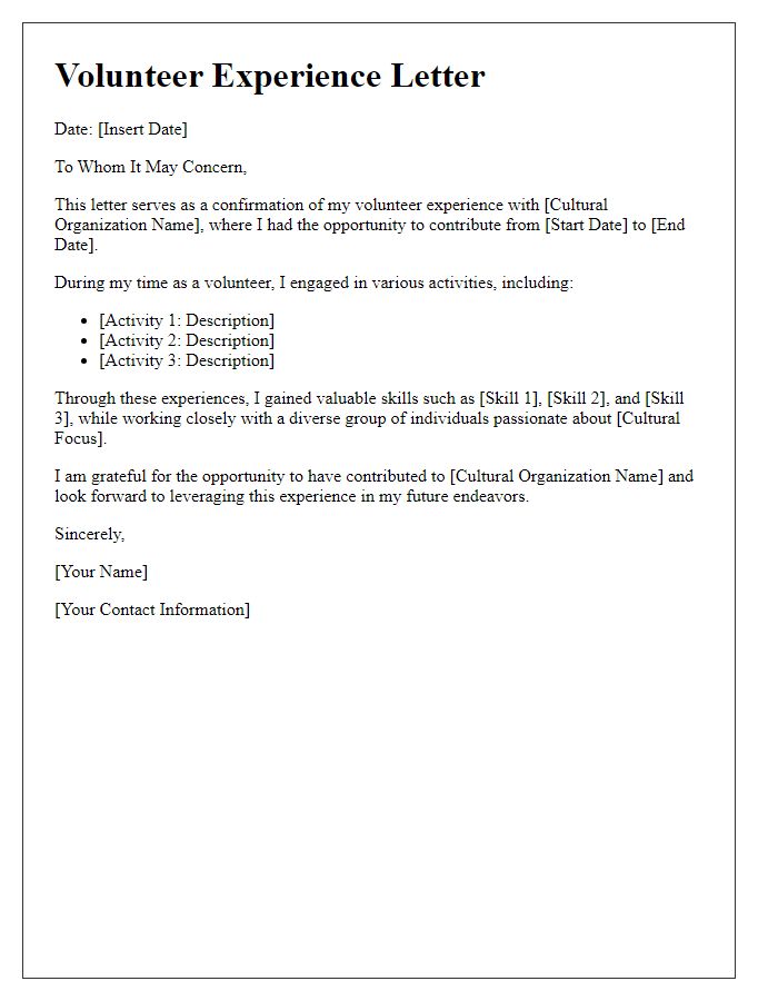 Letter template of volunteering experience for cultural organization roles