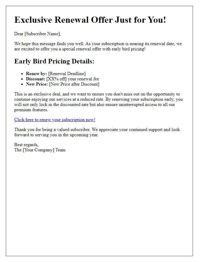 Letter template of Subscription Renewal Offer with Early Bird Pricing