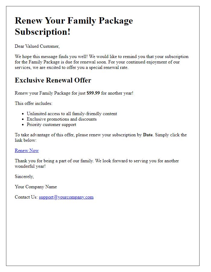 Letter template of Subscription Renewal Offer for Family Package