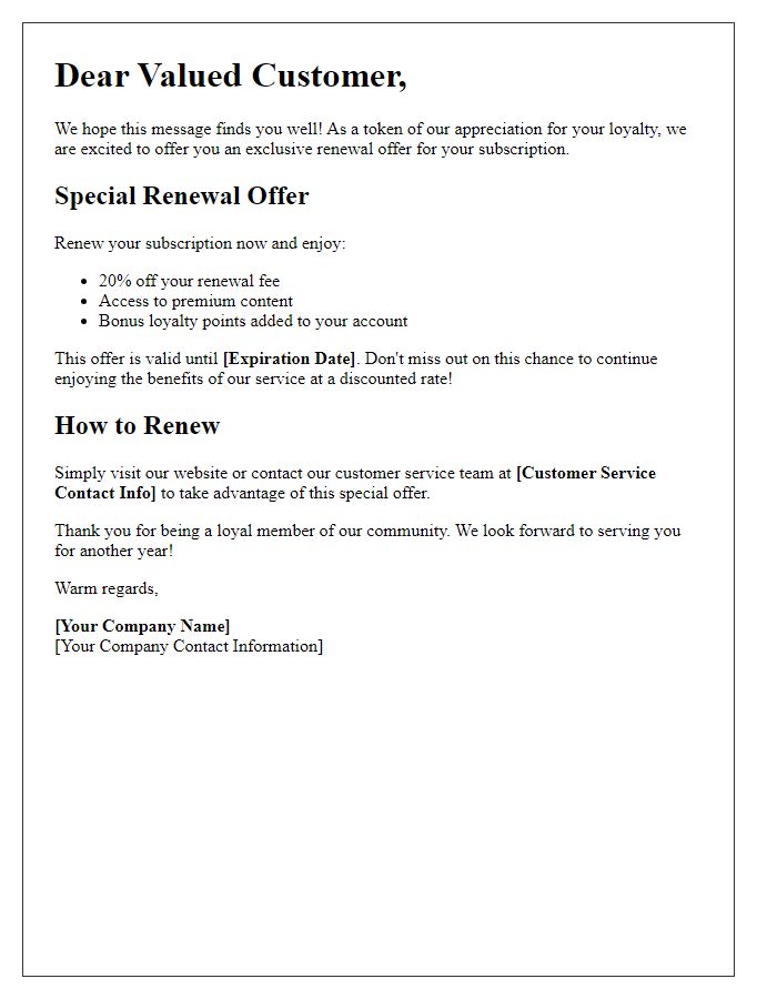 Letter template of Subscription Renewal Offer for Loyalty Rewards