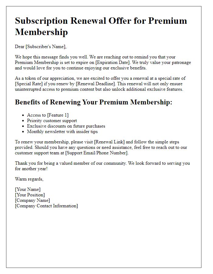 Letter template of Subscription Renewal Offer for Premium Membership