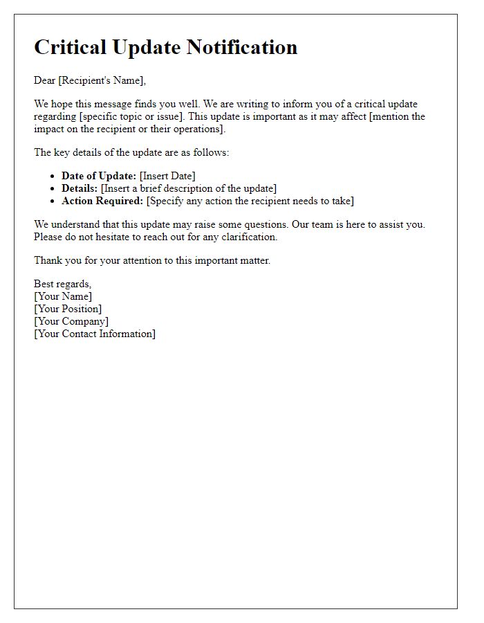 Letter template of critical update communication