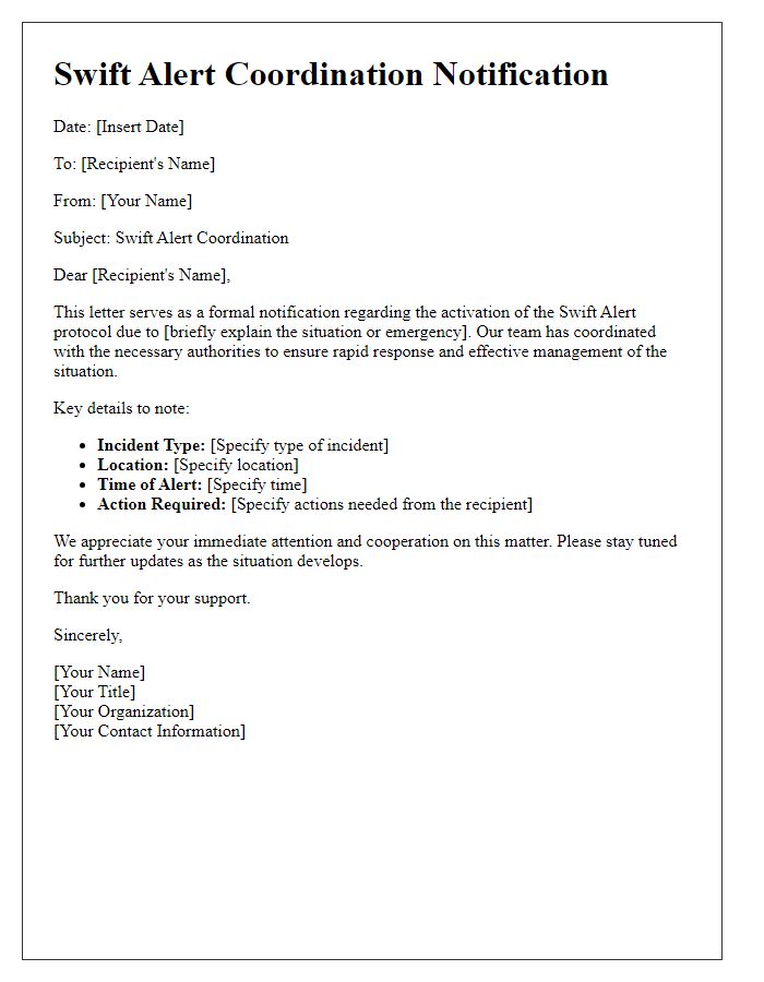 Letter template of swift alert coordination