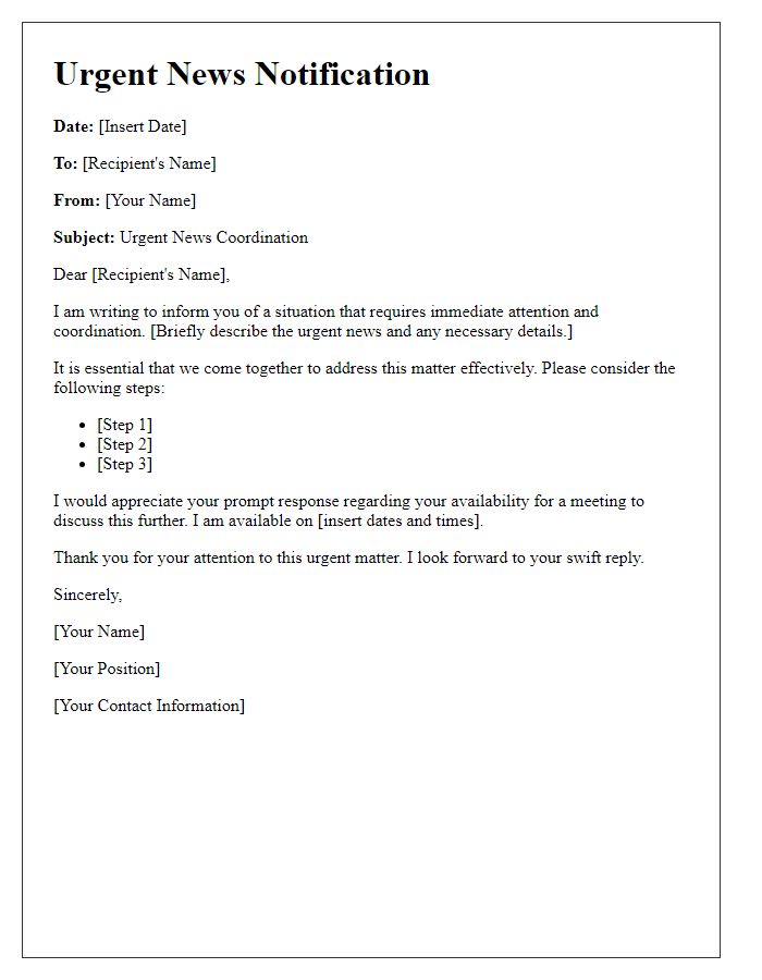 Letter template of urgent news notification coordination