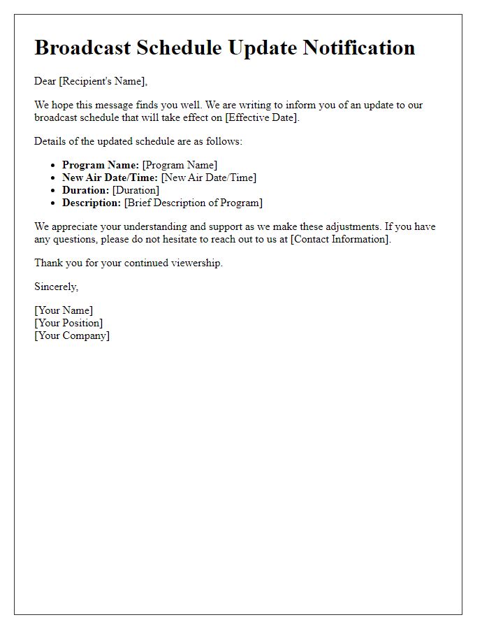 Letter template of broadcast schedule update notification