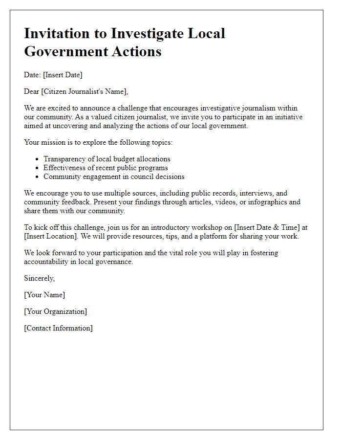 Letter template of a challenge for citizen journalists to investigate local government actions.