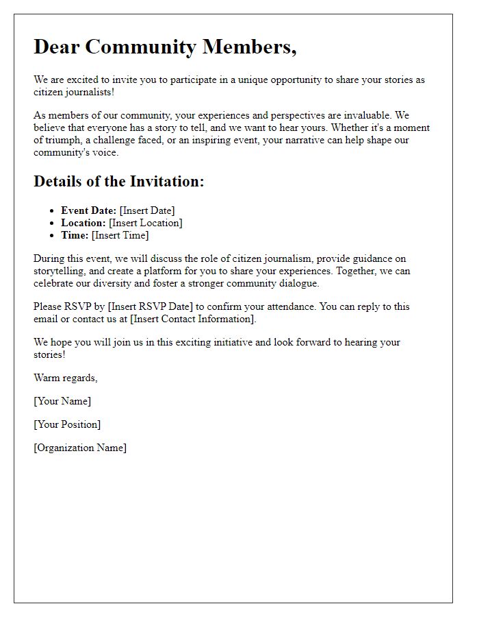 Letter template of an invitation for community members to share their stories as citizen journalists.