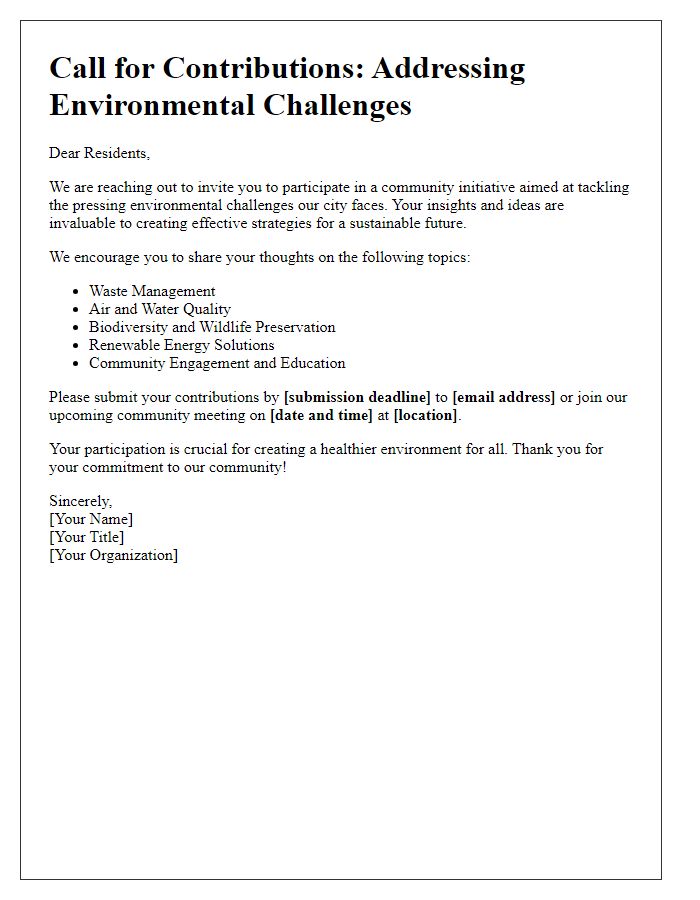 Letter template of a notification seeking citizen contributions on environmental challenges.