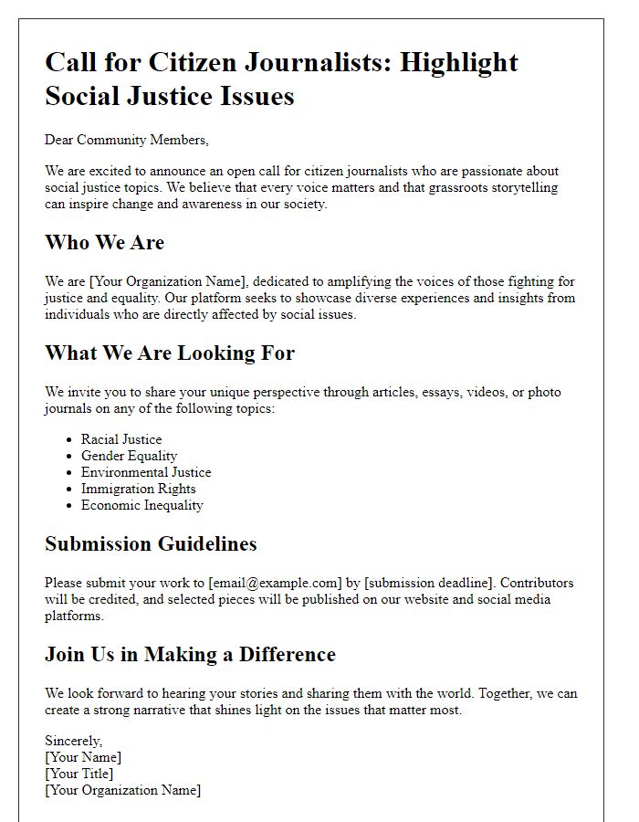 Letter template of an open call for citizen journalists to highlight social justice topics.