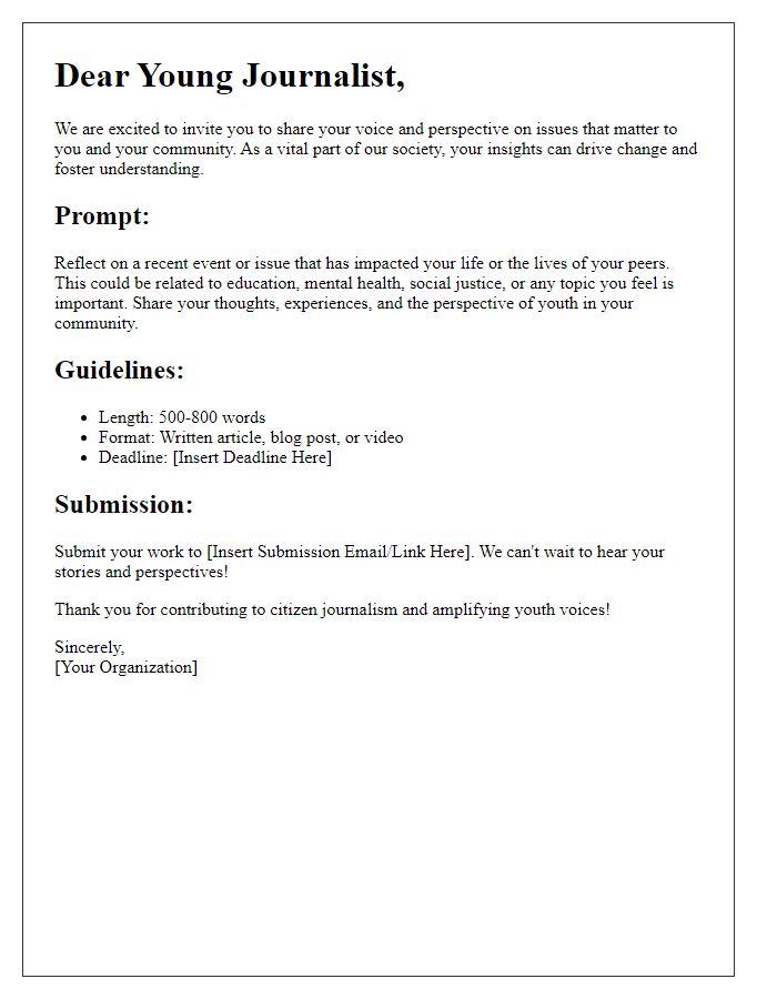 Letter template of a prompt for citizen journalism focused on youth perspectives.