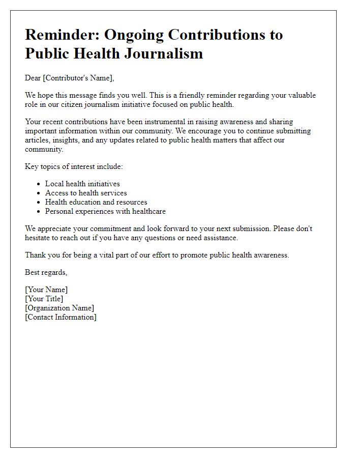 Letter template of a reminder for ongoing citizen journalism contributions related to public health.