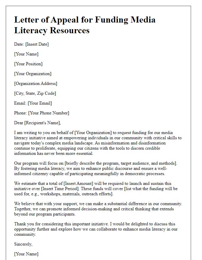 Letter template of appeal for funding media literacy resources