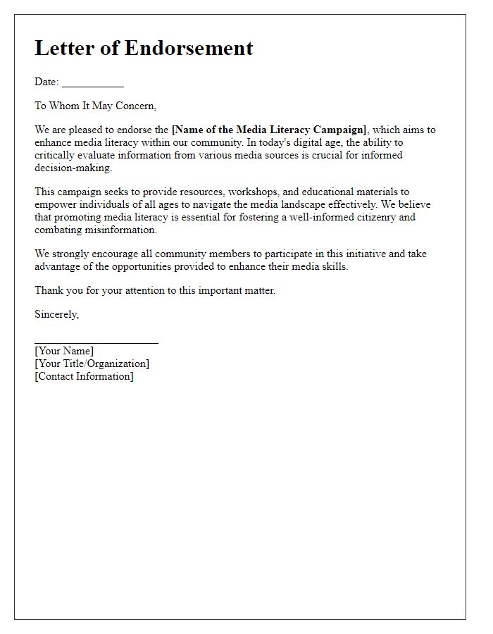 Letter template of endorsement for local media literacy campaigns