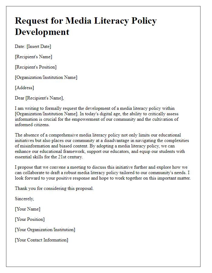 Letter template of request for media literacy policy development