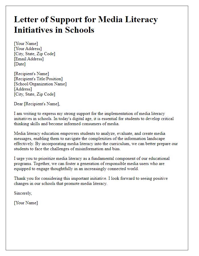 Letter template of support for media literacy initiatives in schools