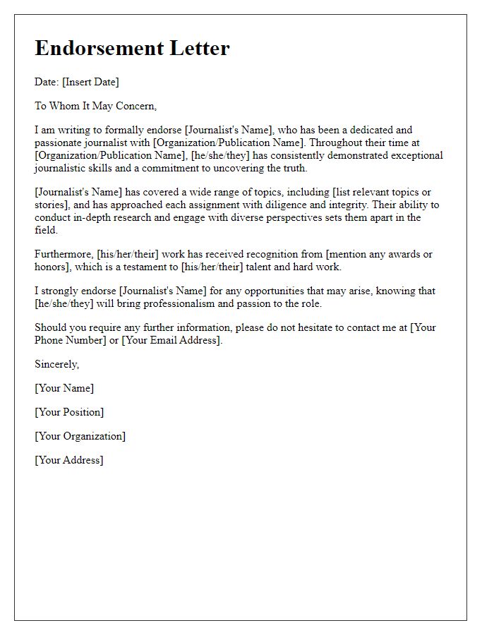 Letter template of endorsement letter for journalists.